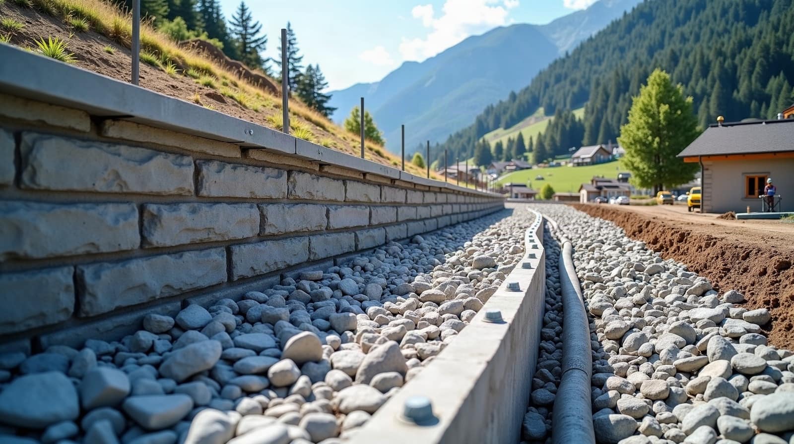 Godet de terrassement chargeant des déblais de terre au pied d'un talus en pente sur un chantier de soutènement