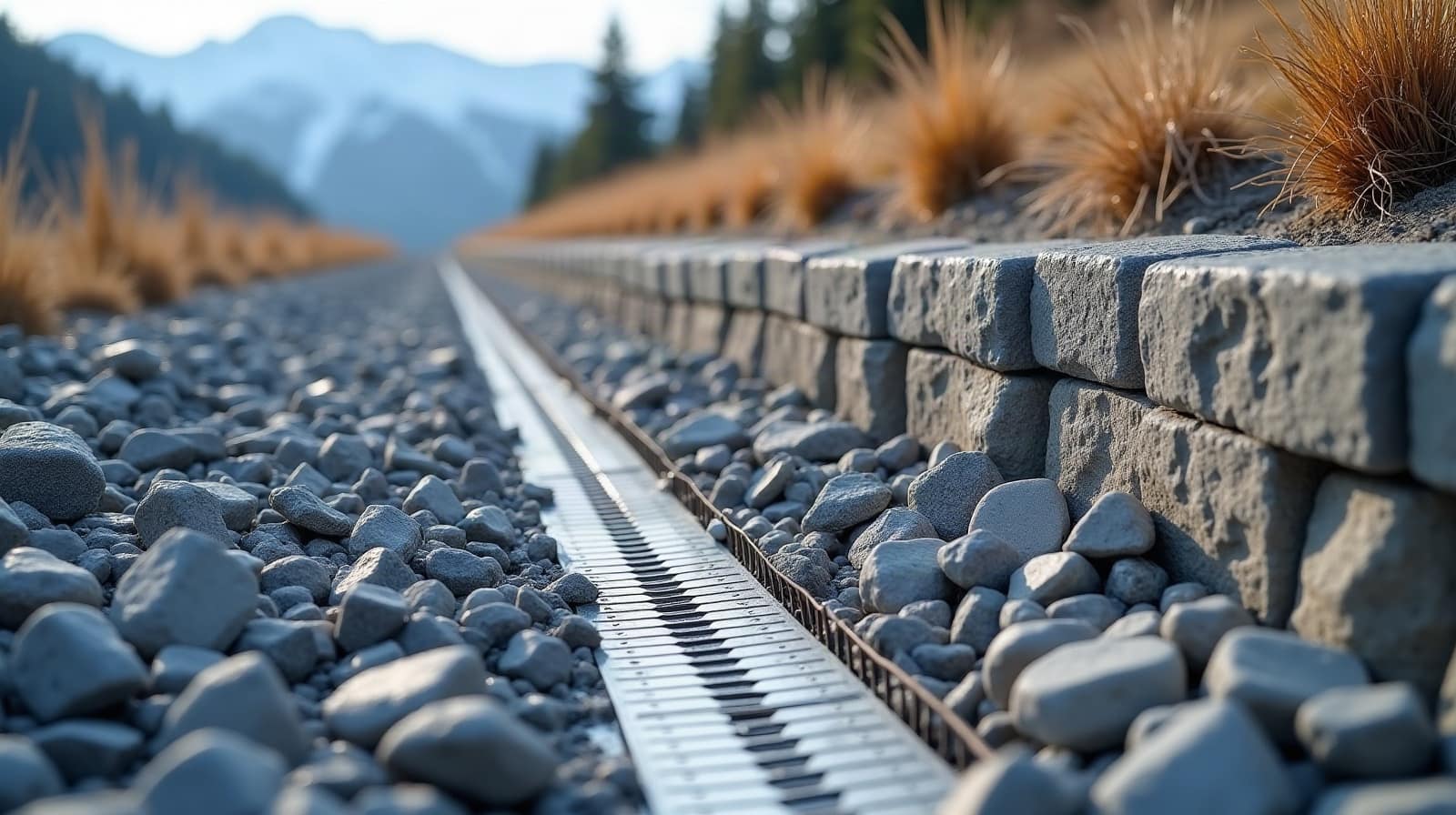 Tranchée de drainage vue en coupe montrant la profondeur du tuyau perforé sous le niveau habituel du gel hivernal