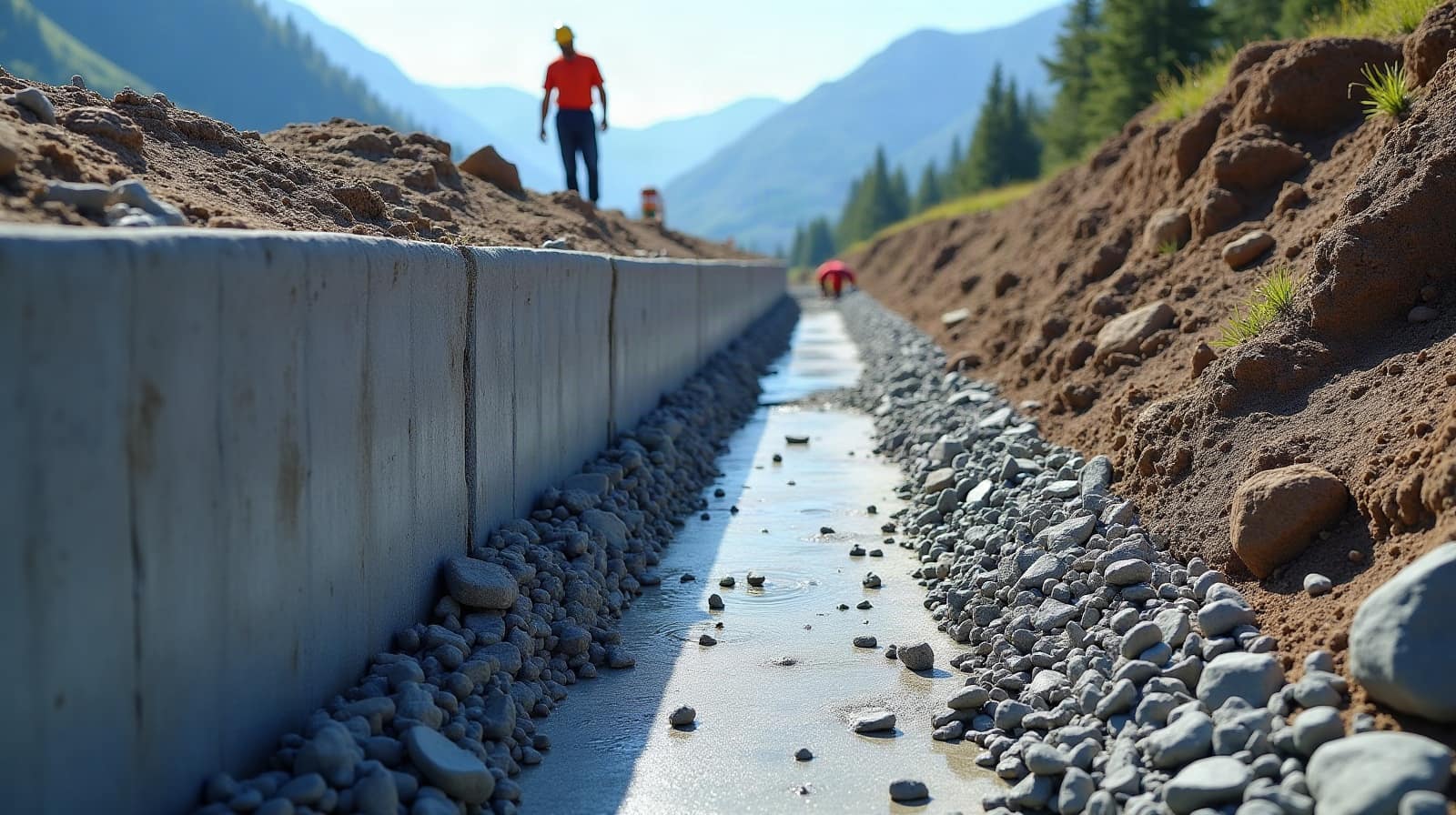 Filet d'eau de fonte s'écoulant le long d'un talus en pente vers un point bas du terrain