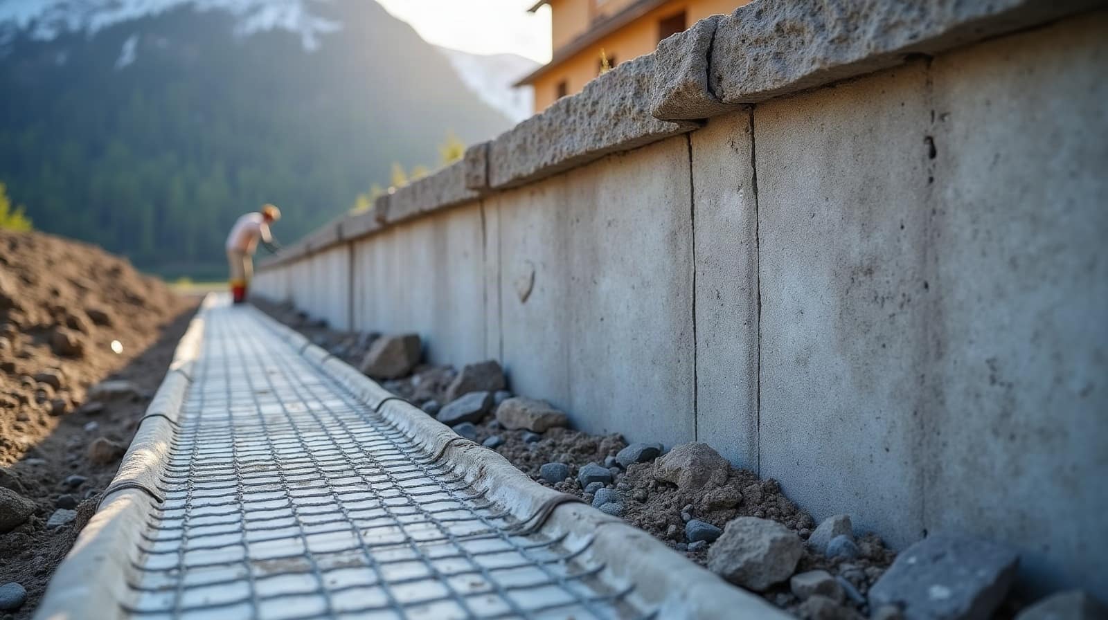 Détail d'un joint de mur en pierre où une fine trace de gel a légèrement écarté deux moellons