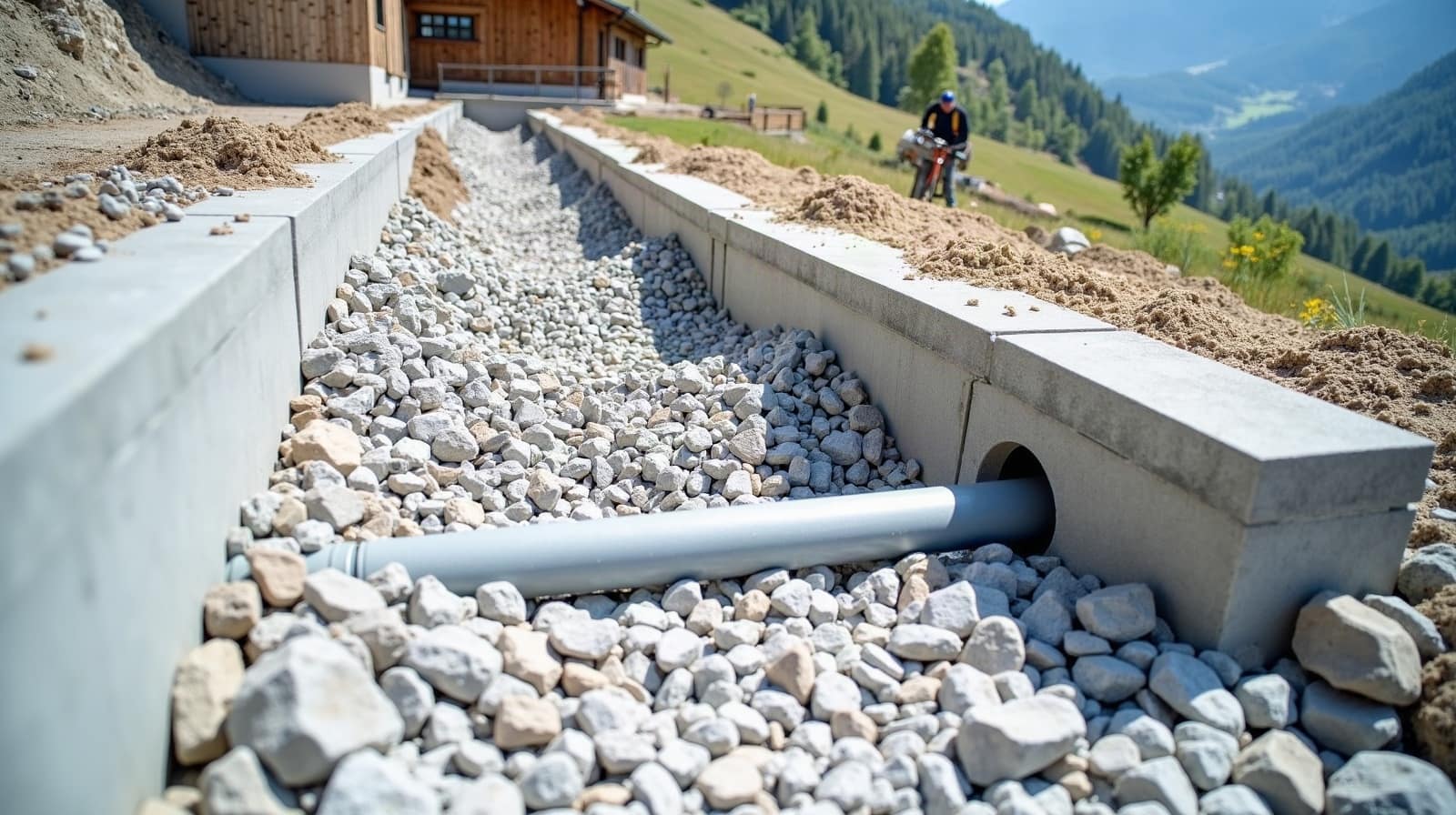 Barbacane d'un mur de soutènement neuf laissant s'écouler librement un filet d'eau vers un lit de gravier propre