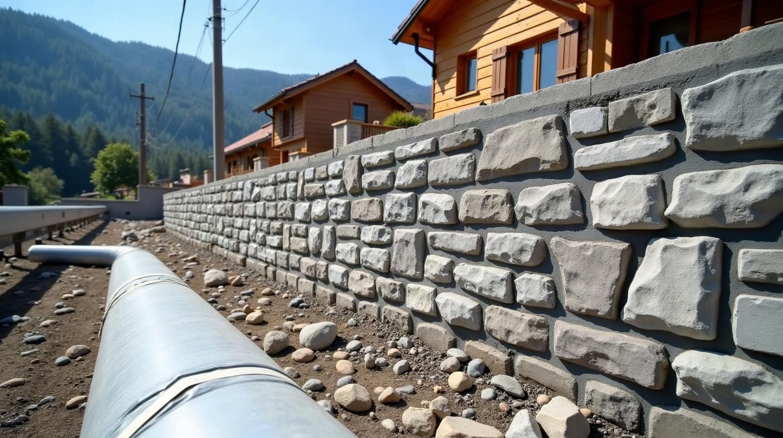 Terrain en pente partiellement terrassé avec un mur de soutènement en cours de construction créant une plateforme plane
