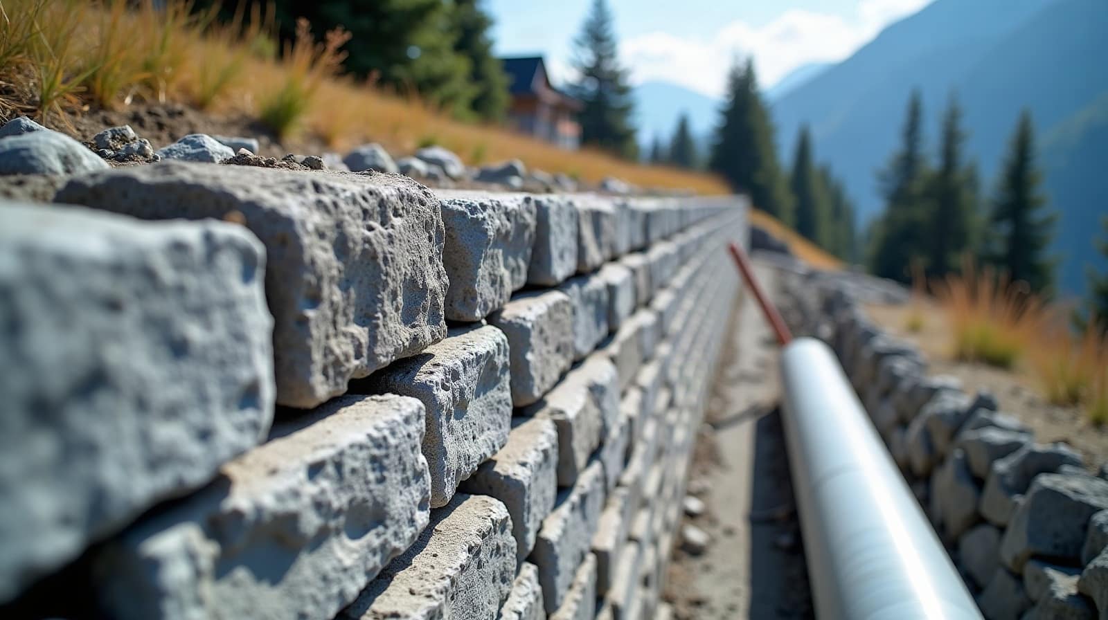 Section de mur en pierre fraîchement reprise, pierres d'origine réassemblées avec un mortier neuf visible dans les joints